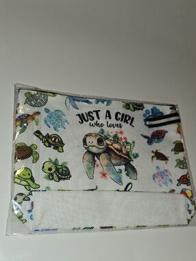 Just A Girl Turtle Print Canvas Pouch - White